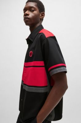 Cotton-twill shirt with racing-inspired block stripes, Black
