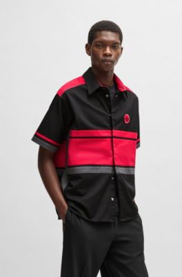 Cotton-twill shirt with racing-inspired block stripes, Black