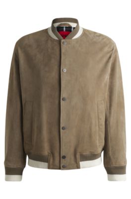 Cazadora bomber de ante con ribete de canal&eacute;, Marr&oacute;n