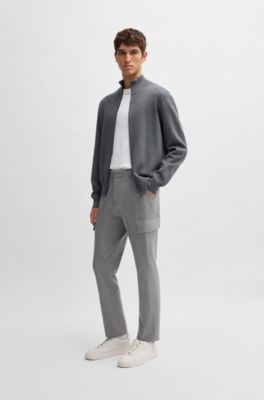 Zip-up cotton cardigan with knitted pinstripes, Grey