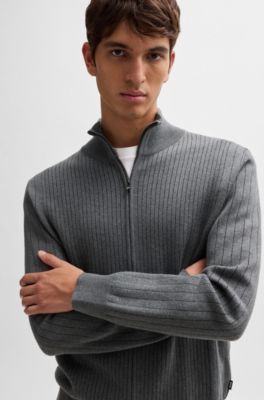 Zip-up cotton cardigan with knitted pinstripes, Grey