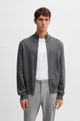 BOSS - Zip-up cotton cardigan with knitted pinstripes - Grey