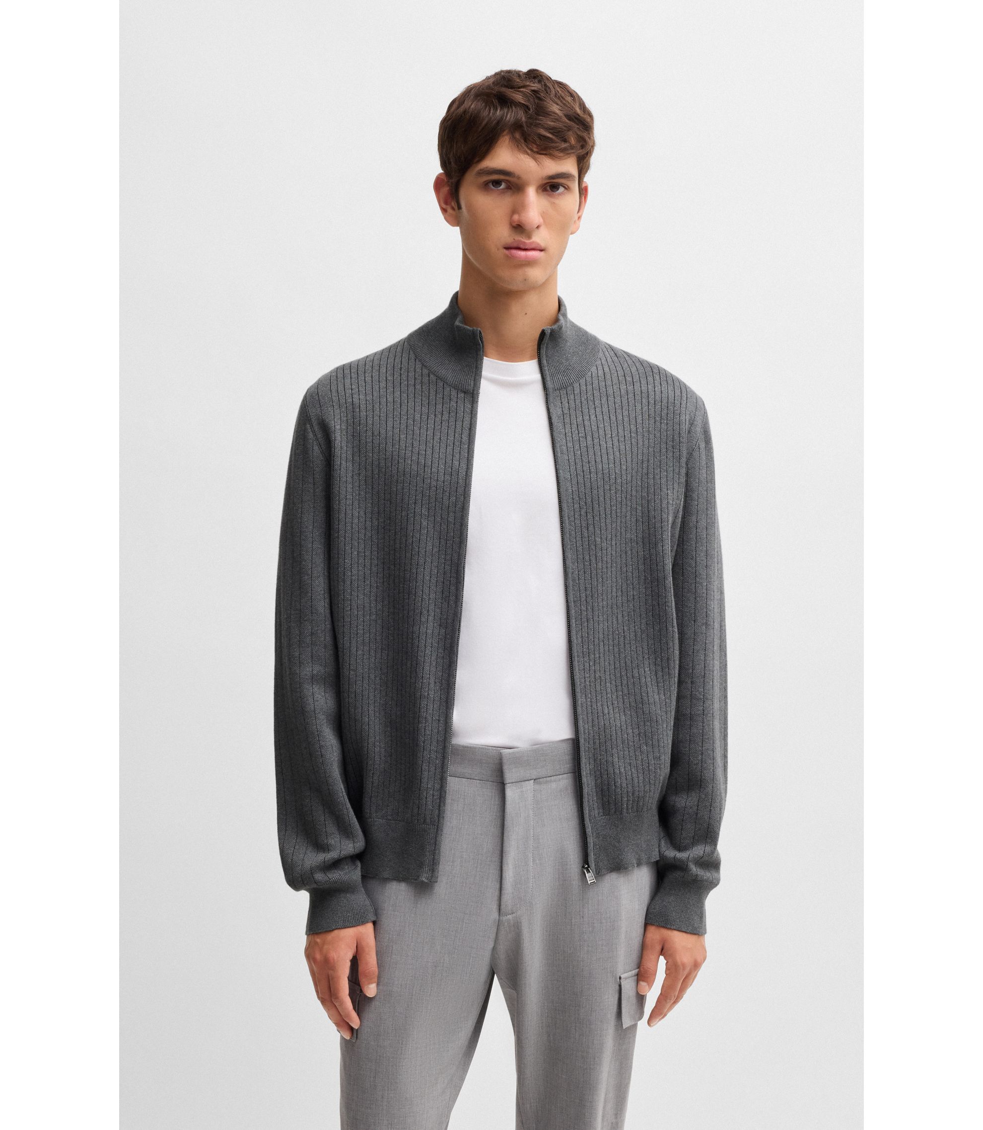 BOSS - Zip-up cotton cardigan with knitted pinstripes - Grey