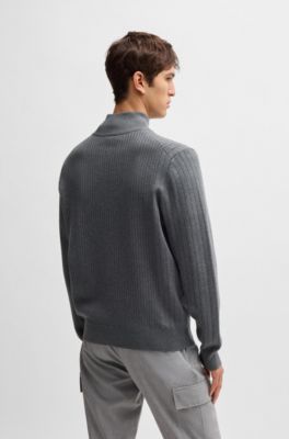Zip-up cotton cardigan with knitted pinstripes, Grey