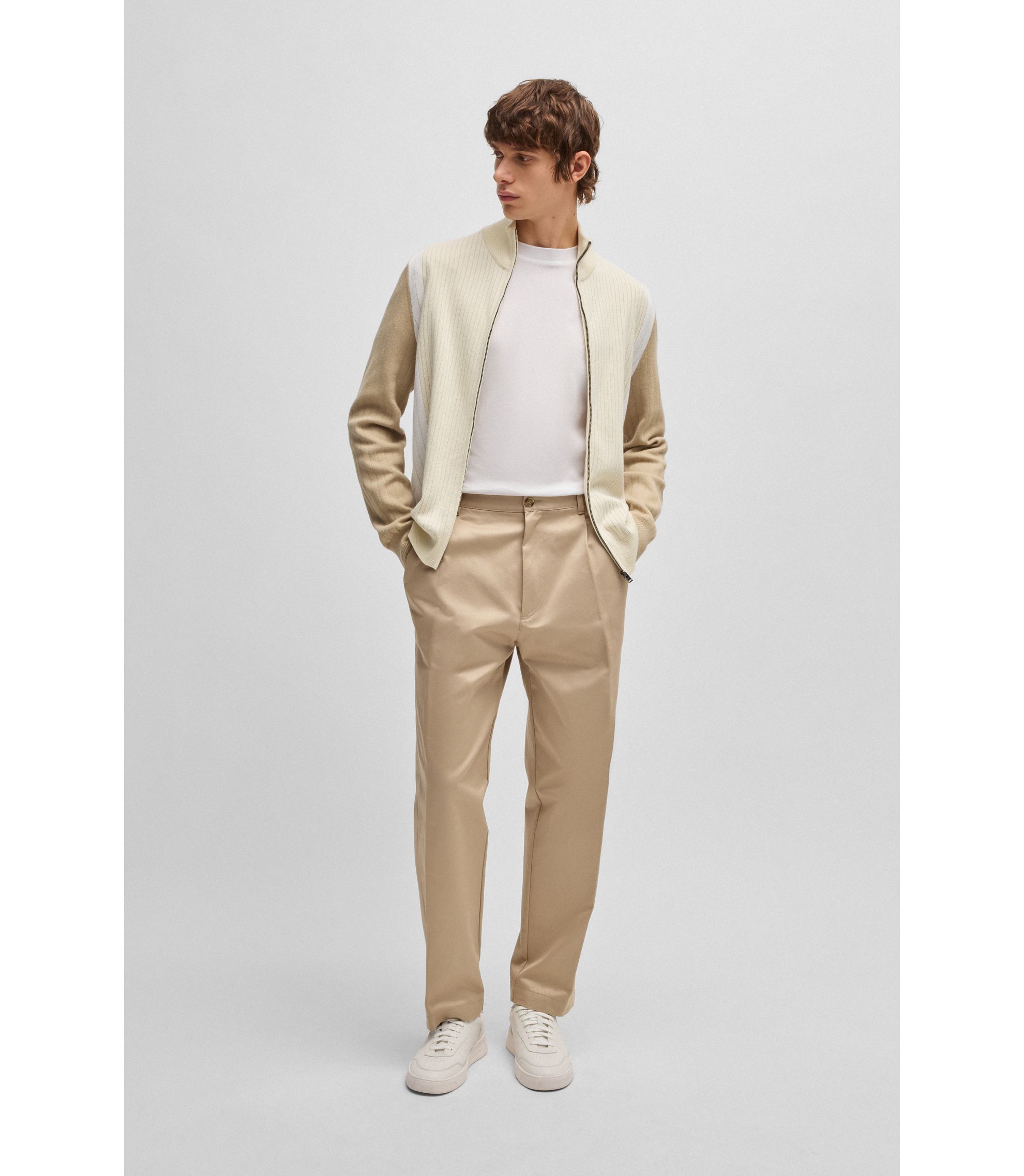 BOSS - Zip-up cotton cardigan with knitted pinstripes - White