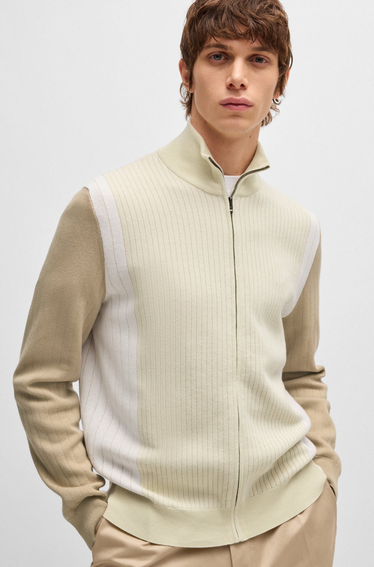 BOSS - Zip-up cotton cardigan with knitted pinstripes - White BOSS - Zip-up cotton cardigan with knitted pinstripes - White