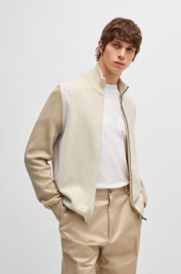 Zip-up cotton cardigan with knitted pinstripes, White
