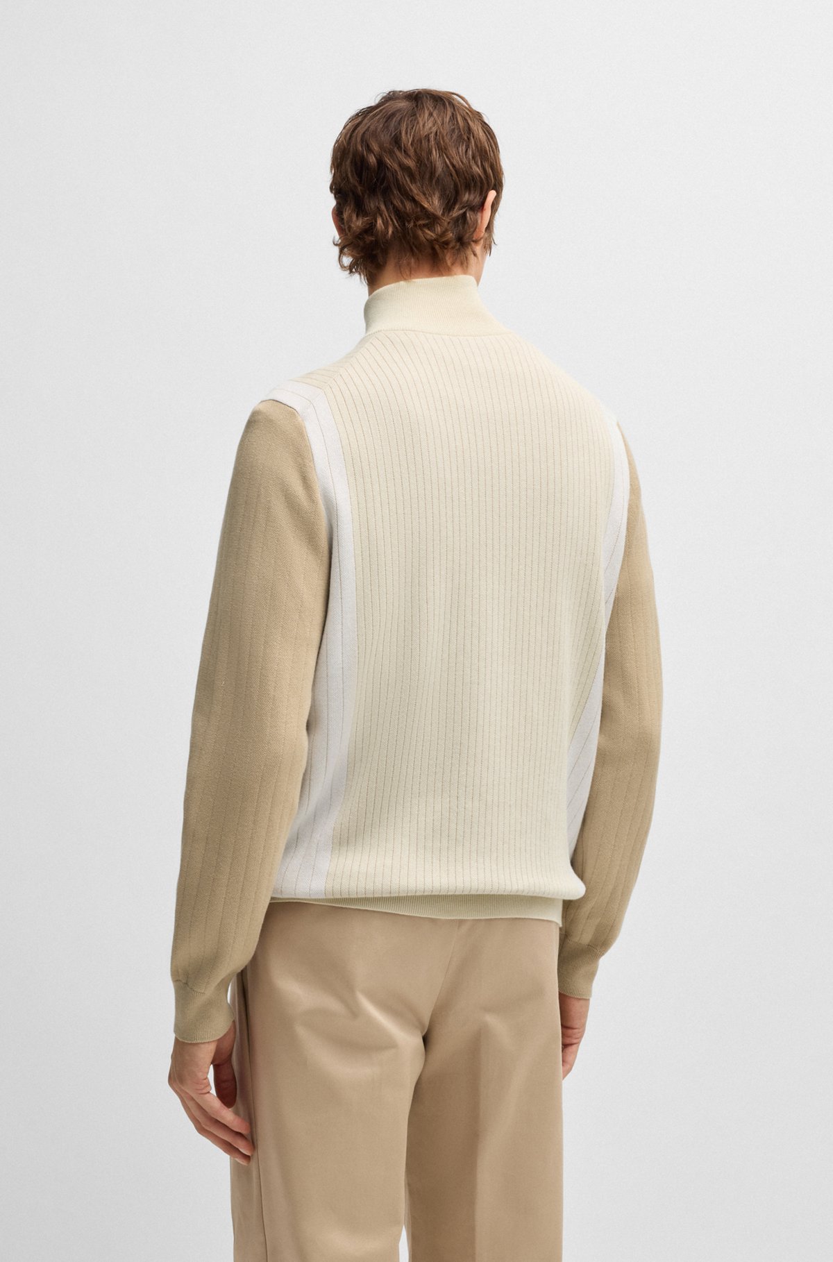 BOSS - Zip-up cotton cardigan with knitted pinstripes - White BOSS - Zip-up cotton cardigan with knitted pinstripes - White