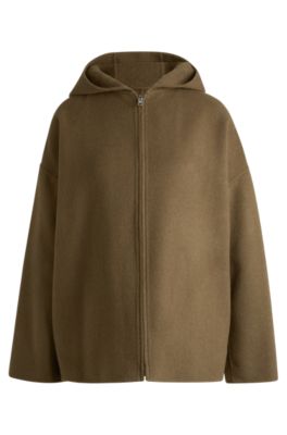 Hooded coat in double-faced wool, Light Brown