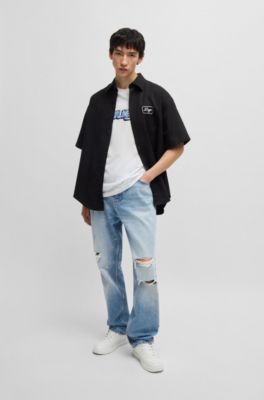 Jean Baggy en denim stone-washed bleu, Bleu