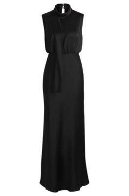 Vestido maxi de sat&eacute;n con lazo en el cuello, Negro