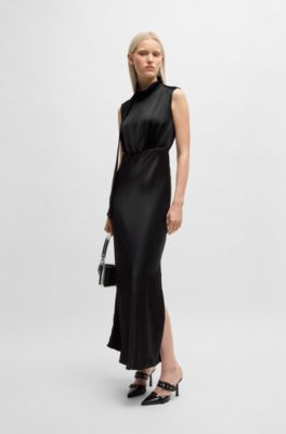 Vestido maxi de sat&eacute;n con lazo en el cuello, Negro