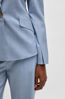 Blazer slim fit de lana virgen a cuadros, Celeste