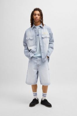 Wide-leg shorts in striped blue denim, Blue