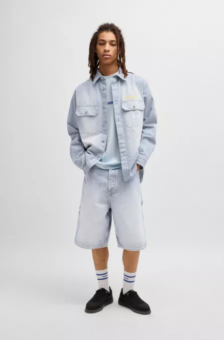 Wide-leg shorts in striped blue denim