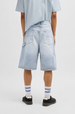 Wide-leg shorts in striped blue denim, Blue