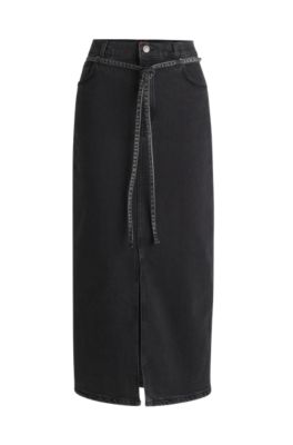 Hugo Boss Belted Maxi Skirt In Salt-and-pepper Stretch Denim In Dark Grey