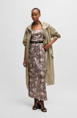 Long-length belted parka jacket in seersucker fabric, Light Beige