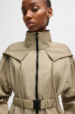 Long-length belted parka jacket in seersucker fabric, Light Beige