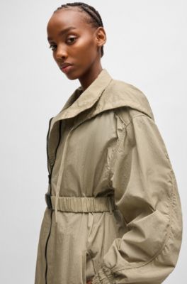 Long-length belted parka jacket in seersucker fabric, Light Beige