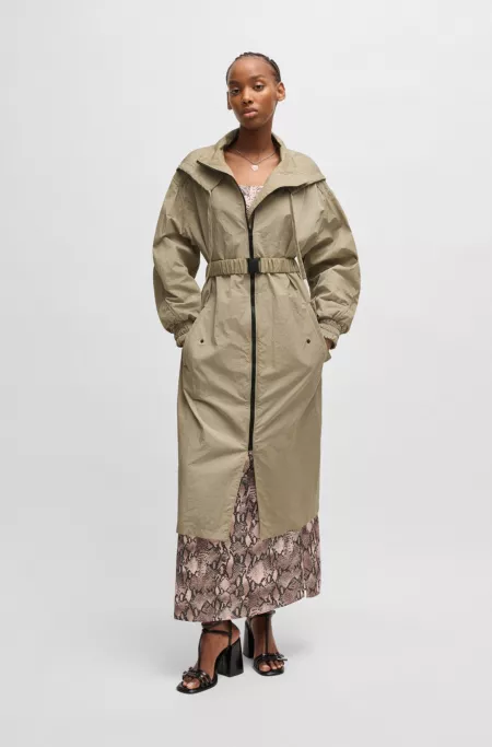 Long-length belted parka jacket in seersucker fabric
