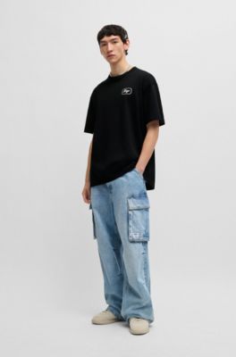 Loose-fit T-shirt in cotton with racing artwork, Black