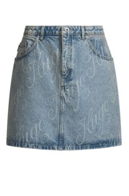 Mini skirt in logo-print rigid denim, Blue