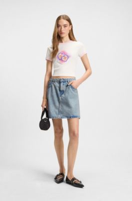 Mini skirt in logo-print rigid denim, Blue
