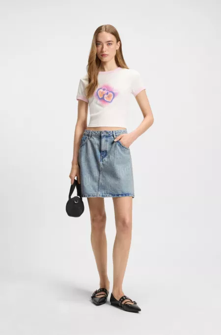 Mini skirt in logo-print rigid denim