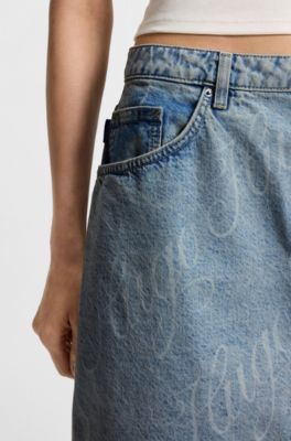 Mini skirt in logo-print rigid denim, Blue