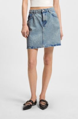 Mini skirt in logo-print rigid denim, Blue