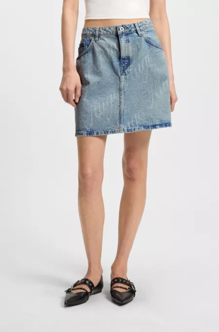 Mini skirt in logo-print rigid denim