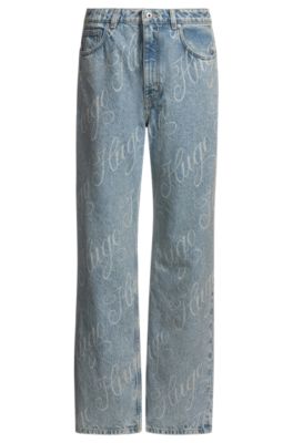 Jeans de corte recto en denim azul con logos estampados, Azul