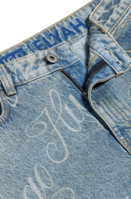 Jeans de corte recto en denim azul con logos estampados, Azul