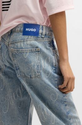 Jeans de corte recto en denim azul con logos estampados, Azul