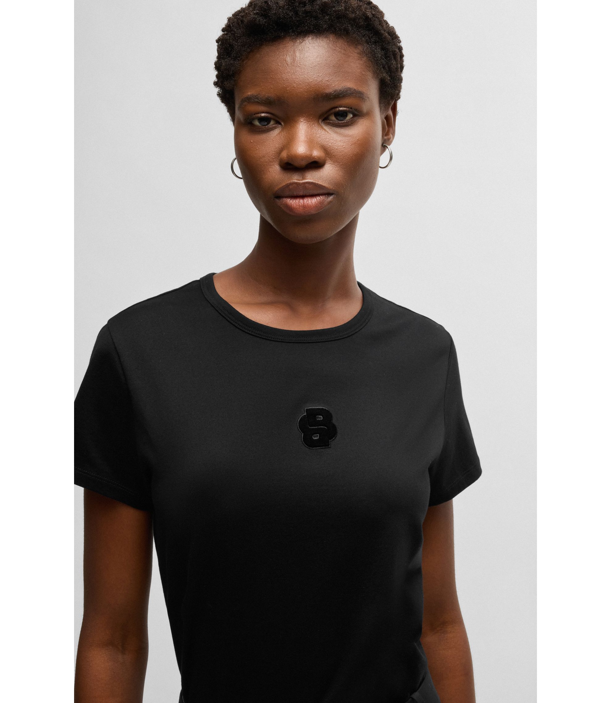 BOSS - Mercerized-cotton T-shirt with Double B monogram - Black, image size:1980x2275