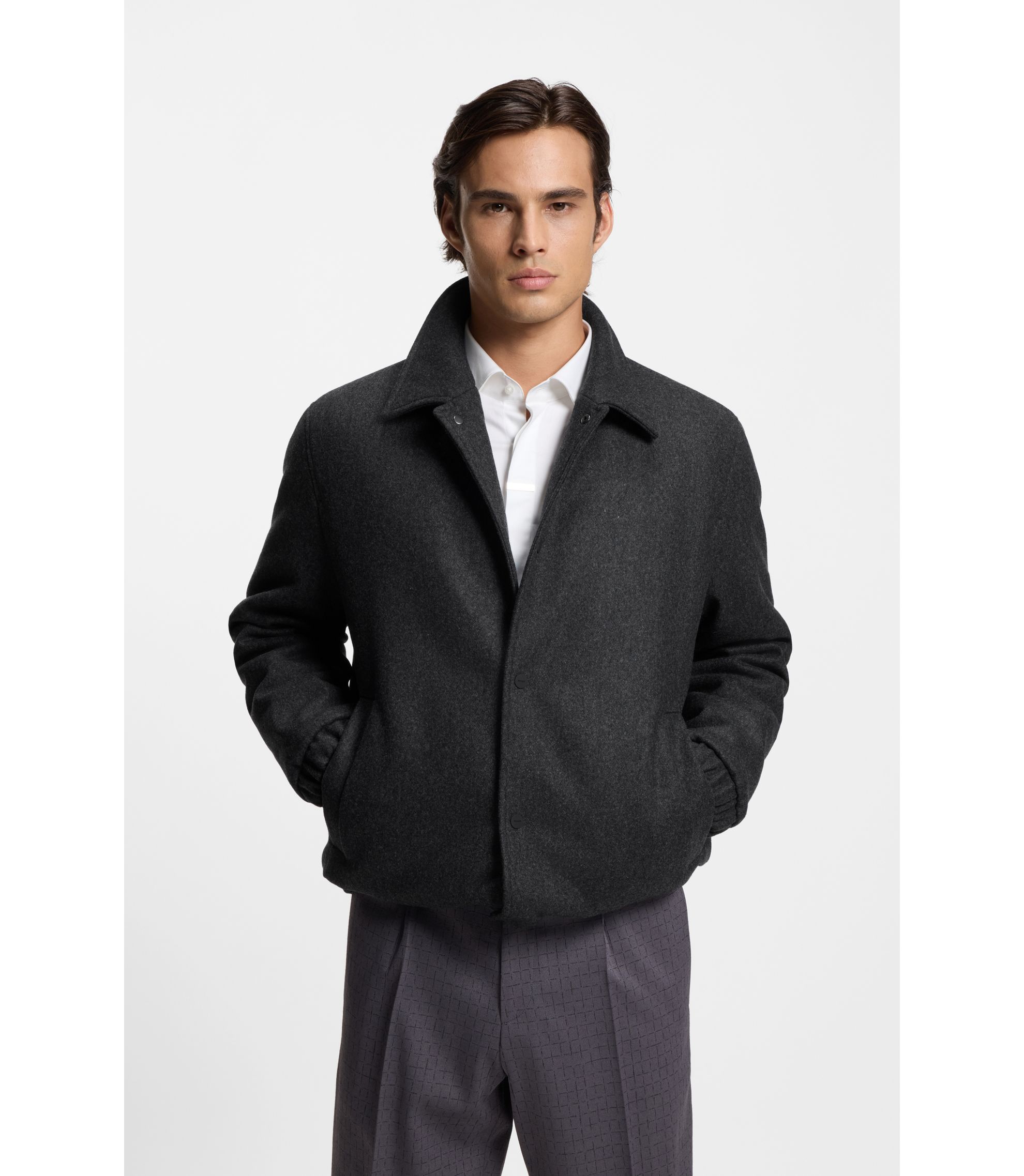 HUGO - Regular-fit coach jacket in a wool blend - Grey
