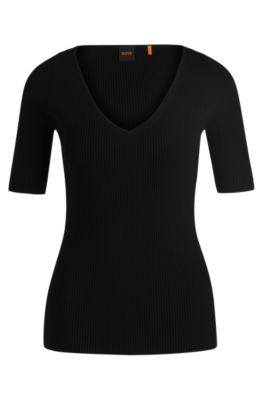 Hugo Boss Square-neck Short-sleeved Sweater In Ribbed Stretch Fabric In Black