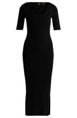 Hugo Boss Knitted Dress With V Neckline In Stretch Yarns In Black