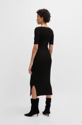 Vestido de punto de hilos el&aacute;sticos con cuello en pico, Negro