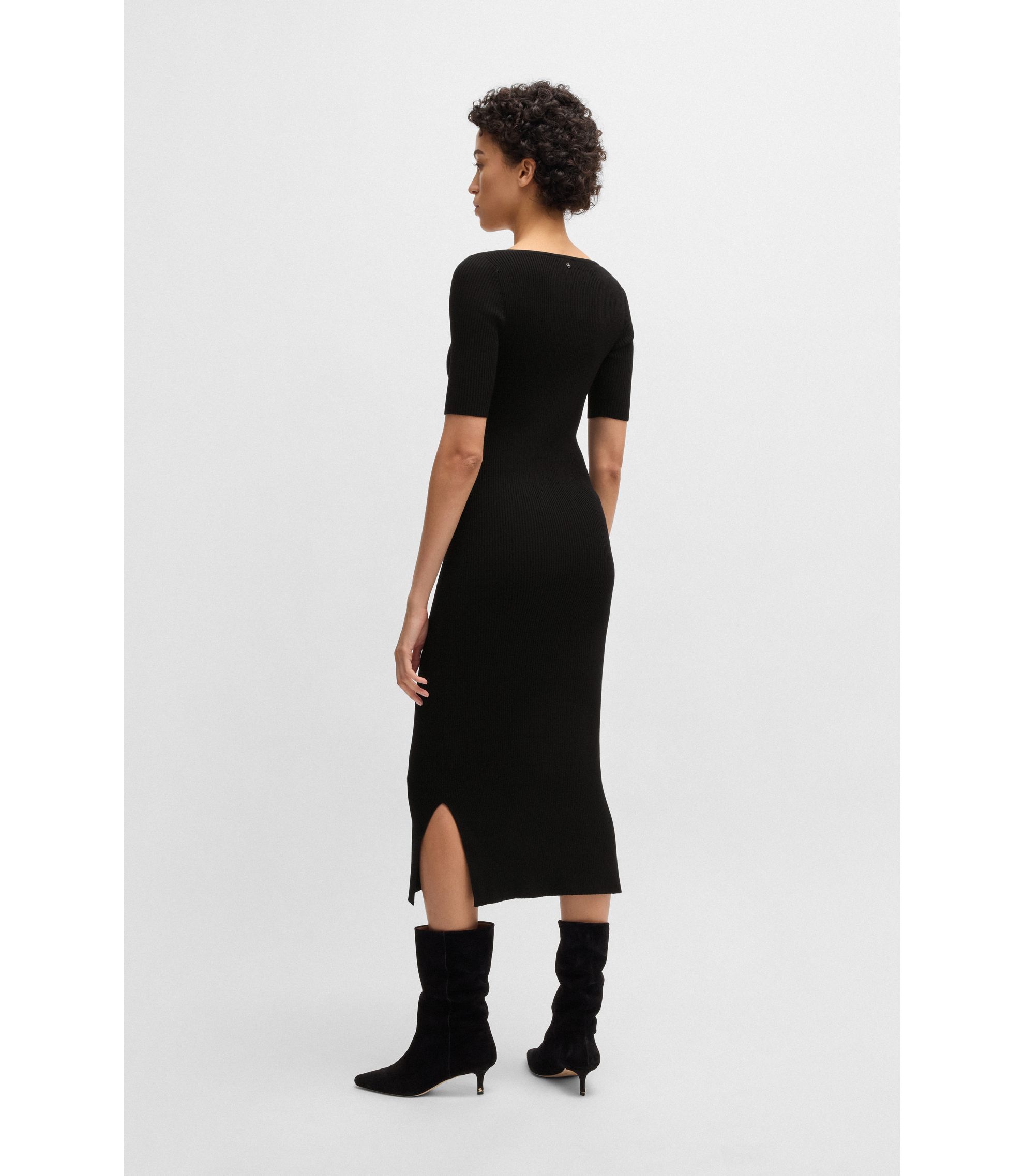 BOSS Knitted dress with V neckline in stretch yarns Black