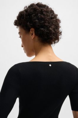 Vestido de punto de hilos el&aacute;sticos con cuello en pico, Negro
