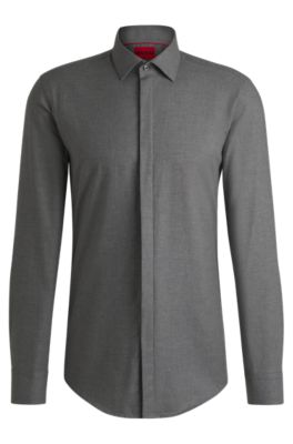 Slim-fit shirt in melange cotton, Light Grey