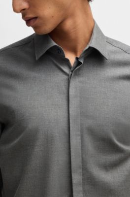 Slim-fit shirt in melange cotton, Light Grey