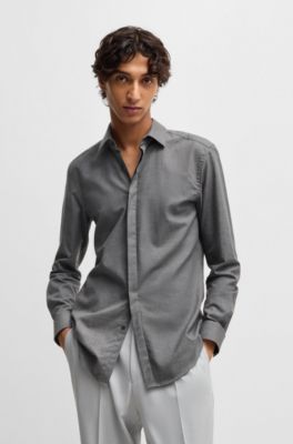 Slim-fit shirt in melange cotton, Light Grey