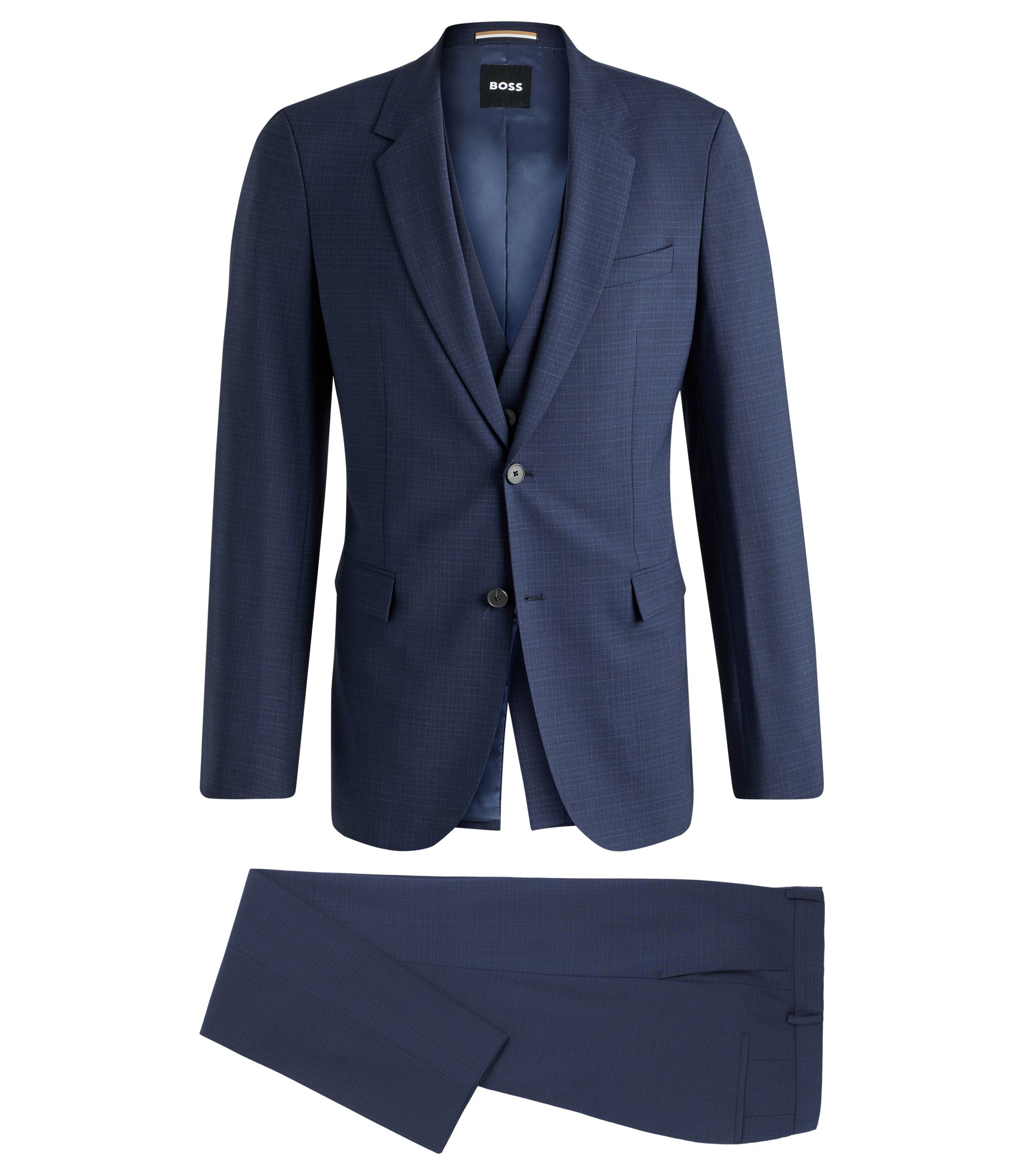 HUGO BOSS 3ピース スーツ BOSS - Slim-fit three-piece suit in checked stretch cloth - Dark Blue