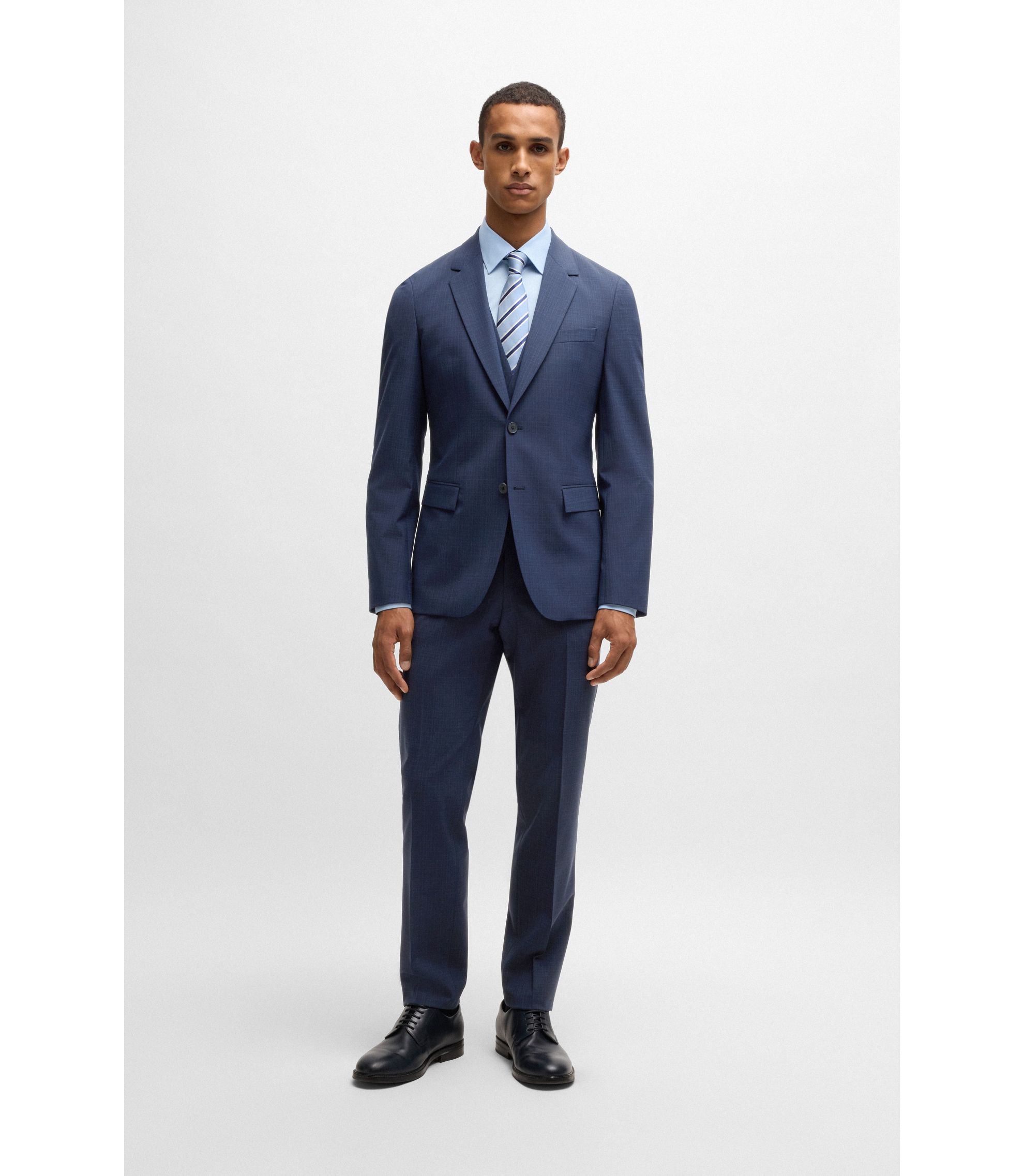 BOSS - Slim-fit three-piece suit in checked stretch cloth - Dark Blue