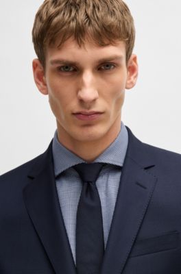 Traje slim fit de lana virgen y seda con estampado, Azul oscuro