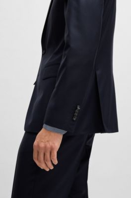 Traje slim fit de lana virgen y seda con estampado, Azul oscuro