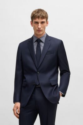 Traje slim fit de lana virgen y seda con estampado, Azul oscuro